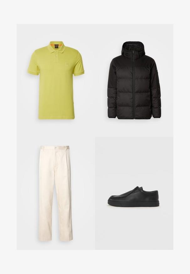 Černá péřová bunda má zipový uzávěr, kapuci, prošívané části a elastické manžety, vyrobená z hladkého, voděodolného materiálu.; BOSS PASSENGER - Polotričko - open green; Bežové bavlněné kalhoty se střihy rovného nohavice, s knoflíkovým zapínáním a záhyby vpředu pro zvýraznění detailu.; Černé kožené nazouvací boty s kulatou špičkou, prošitím a černou gumovou podrážkou. Hladký povrch s minimalistickým designem.