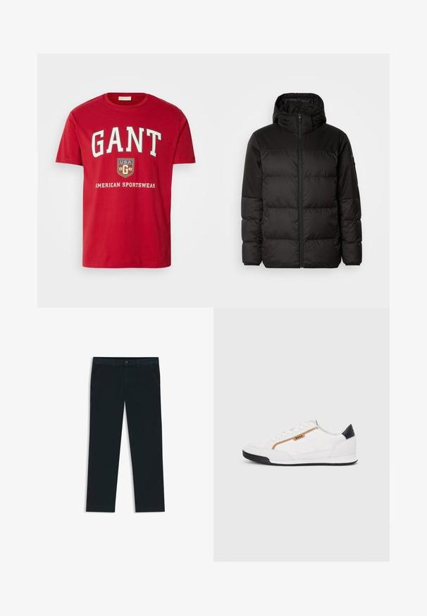 La chaqueta acolchada negra tiene un cierre de cremallera, capucha, secciones acolchadas y puños elásticos, hecha de un material suave y resistente al agua.; Camiseta de algodón roja con un audaz logo blanco de "GANT", un escudo con "USA 1949" y el texto "AMERICAN SPORTSWEAR" abajo. Diseño clásico de cuello redondo.; Chinos azul marino oscuro fabricados con una mezcla de algodón. Cuentan con pasadores para cinturón, bolsillos frontales y una cremallera con cierre de botón.; Zapatillas deportivas blancas con acentos de malla y cuero. Presentan un logotipo dorado de "BOSS", paneles laterales texturizados y una tapa de talón negra. Suela de goma.