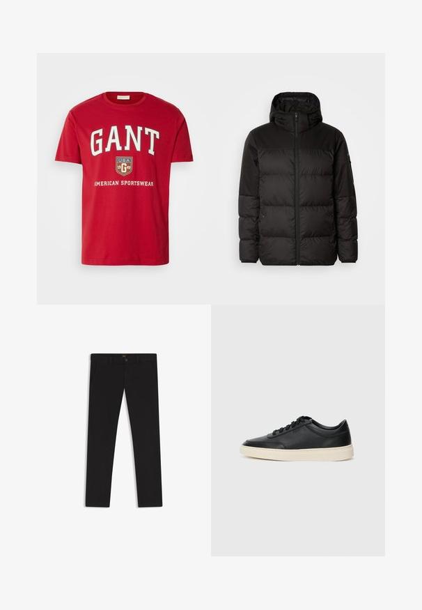 Sort pufferjakke med lynlås, hætte, quiltede sektioner og elastiske manchetter, lavet af et glat, vandafvisende materiale.; Rød bomulds t-shirt med fed hvid "GANT" logo, et skjold med "USA 1949" og teksten "AMERICAN SPORTSWEAR" nedenunder. Klassisk crew neck design.; Sorte bukser lavet af stof med en glat tekstur. Har en knaplukning, bæltestropper og sidelommer. Standard design med lige ben.; Sort lavt top lædersneaker med sorte snørebånd og off-white sål vist i sideprofil på hvid baggrund.