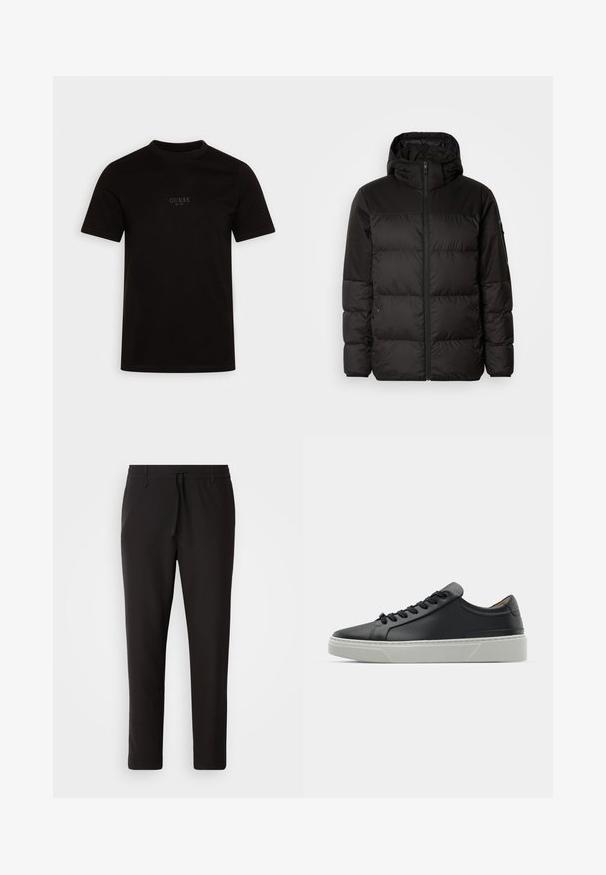 Black puffer jacket features a zip closure, a hood, quilted sections, and elastic cuffs, made from a smooth, water-resistant material.; Black short-sleeve t-shirt made of cotton, featuring a crew neckline and front chest logo with "GUESS EST. 1981" in a subtle design.; Black jogger pants made of smooth fabric. Feature an elastic waistband with a drawstring, tapered legs, and no visible pockets. Simple design.; Black leather sneaker with a smooth texture, round toe, and black laces. Features a thick, white rubber sole with subtle geometric accents.
