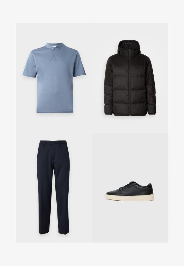 Čierna prešívaná bunda má zips, kapucňu, prešívané sekcie a elastické manžety, vyrobená z hladkého, vodeodolného materiálu.; Košela s krátkym rukávom v svetlomodrej farbe s polozapínaním a maketou goliera, so hladkou textúrou a čistými líniami.; Námornícke modré nohavice vyrobené z hladkej látky, s predným gombíkom, rovným strihom a bočnými vrecami. Žiadne vzory ani ozdoby nie sú viditeľné.; Čierne nízkoprevádzkové kožené tenisky s čiernymi šnúrkami a krémovou podrážkou zobrazené v bočnom profile na bielom pozadí.