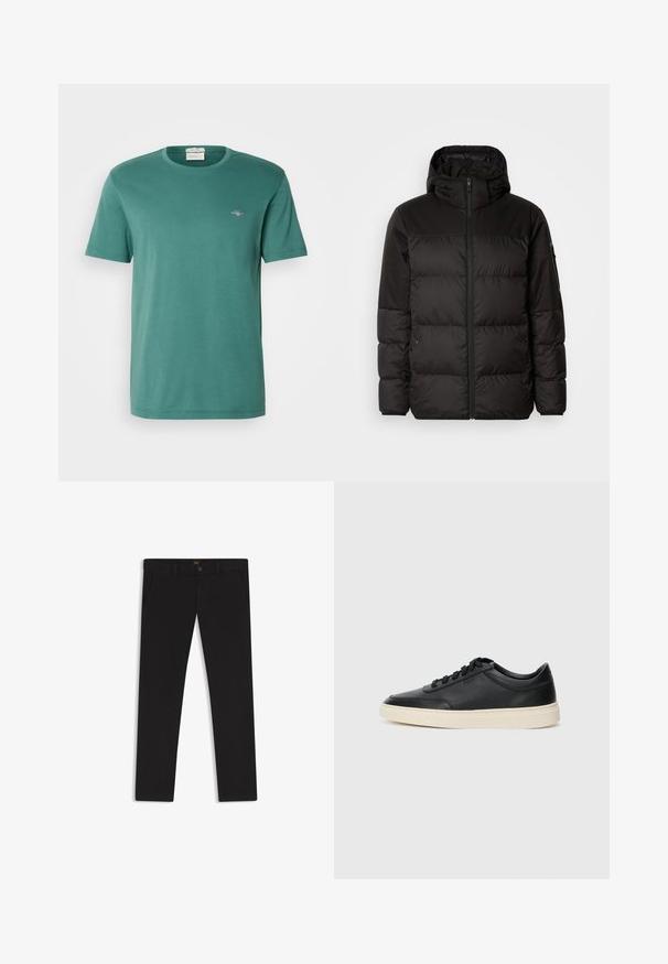 Schwarze Pufferjacke mit Reißverschluss, Kapuze, gesteppten Abschnitten und elastischen Bündchen, hergestellt aus einem glatten, wasserabweisenden Material.; Grünes Baumwoll-T-Shirt mit Rundhalsausschnitt und kurzen Ärmeln. Verfügt über ein kleines gesticktes Logo auf der Brust. Glatte Textur, lässige Passform.; Schwarze Hosen aus einem Stoff mit glatter текстуре. Verfügt über einen Knopfverschluss, Gürtelschlaufen und Seitentaschen. Klassisches Design mit geradem Bein.; Schwarzer niedriger Ledersneaker mit schwarzen Schnürsenkeln und cremefarbenem Sohlenrand, seitlich auf weißem Hintergrund dargestellt.