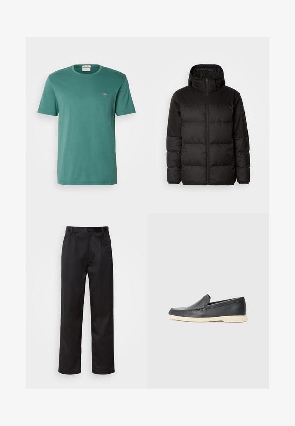 Čierna prešívaná bunda má zips, kapucňu, prešívané sekcie a elastické manžety, vyrobená z hladkého, vodeodolného materiálu.; Zelené bavlnené tričko s okrúhlym výstrihom a krátkymi rukávmi. Obsahuje malé vyšívané logo na hrudi. Hladká textúra, voľný strih.; Čierne nohavice vyrobené z hladkej látky, s predným zapínaním na gombík, s plisovaním a rovnými nohavicami. Žiadne viditeľné vzory ani akcenty.; Čierne kožené slip-on mokasíny s textúrovaným povrchom a kontrastnou béžovou gumovou podrážkou. Obsahujú jemný akcent pozdĺž prednej časti.