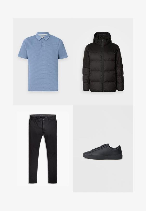 A jaqueta puffer preta apresenta um fecho zip, um capuz, secções acolchoadas e punhos elásticos, confeccionada em um material liso e resistente à água.; Polo de cor azul clara com um tecido texturizado, mangas curtas, fecho de três botões e colarinho clássico. Design simples e clean.; Chinos pretos de algodão com um corte afunilado, apresentando cinco bolsos, passantes para cinto e uma textura suave. Fecho com zíper e botão.; Ténis pretos feitos de couro liso com um design de cano baixo, bico redondo e sola de borracha plana. Apresentam atacadores e uma marcação discreta.