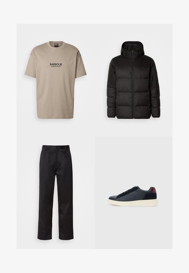 Black puffer jacket features a zip closure, a hood, quilted sections, and elastic cuffs, made from a smooth, water-resistant material.; Beige cotton t-shirt with short sleeves, crew neck, and a printed black "BARBOUR INTERNATIONAL" logo on the front. Smooth texture.; Black trousers made of smooth fabric, featuring a front button closure, pleats, and straight legs. No visible patterns or accents.; Low-top men's sneaker in black leather and suede with maroon heel tab and white rubber sole, viewed from the outer side.