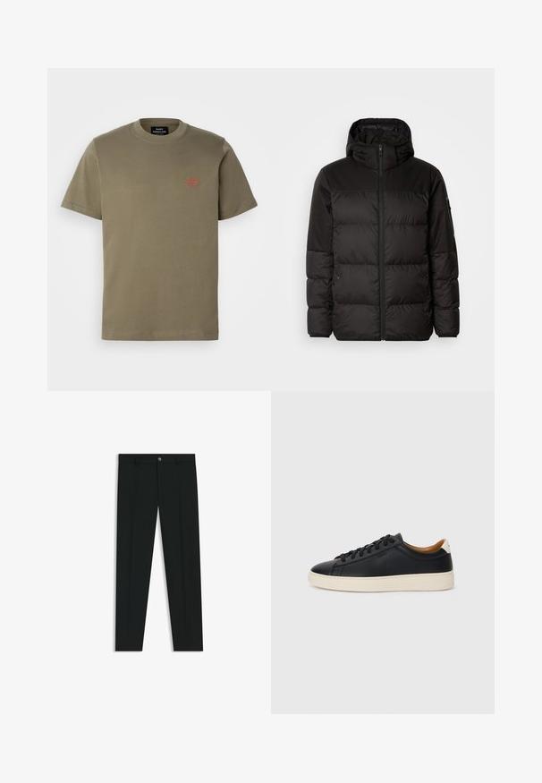 Musta puhvijakku sisältää vetoketjun, hupun, tilkuista koostuvia osioita ja joustavat hihansuut. Se on valmistettu sileästä, vedenpitävästä materiaalista.; Oliivinvihreä puuvillapaita, jossa on pyöreä kaula-aukko, lyhyet hihat ja pieni punainen brodeerattu logo vasemmassa rintakehässä.; Musta housut, joissa on suora lahje, valmistettu sileästä kankaasta. Edessä nappisulku ja vyölenkit. Yksinkertainen ilman kuvioita.; Mustat nahkasneakerit, joissa on sileä pinta, beige kumipohja, nauhakiinnitys ja erottuva kanta-aksentti.