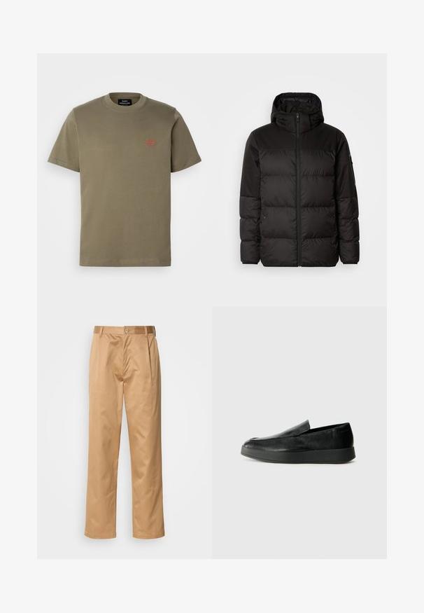 Geacă puffer neagră cu închidere cu fermoar, glugă, secțiuni quilted și manșete elastice, realizată dintr-un material neted, rezistent la apă.; Tricou din bumbac de culoare verde măslinie, cu guler rotund, mâneci scurte și un mic logo brodat roșu în zona stângă a pieptului.; Pantaloni kaki, amestec de bumbac, croială drept, cu pliuri frontale, bucle pentru curea și închidere cu nasture. Textură netedă, fără modele.; Calvin Klein HYBRID CUP - Pantofi slip-on - triple black