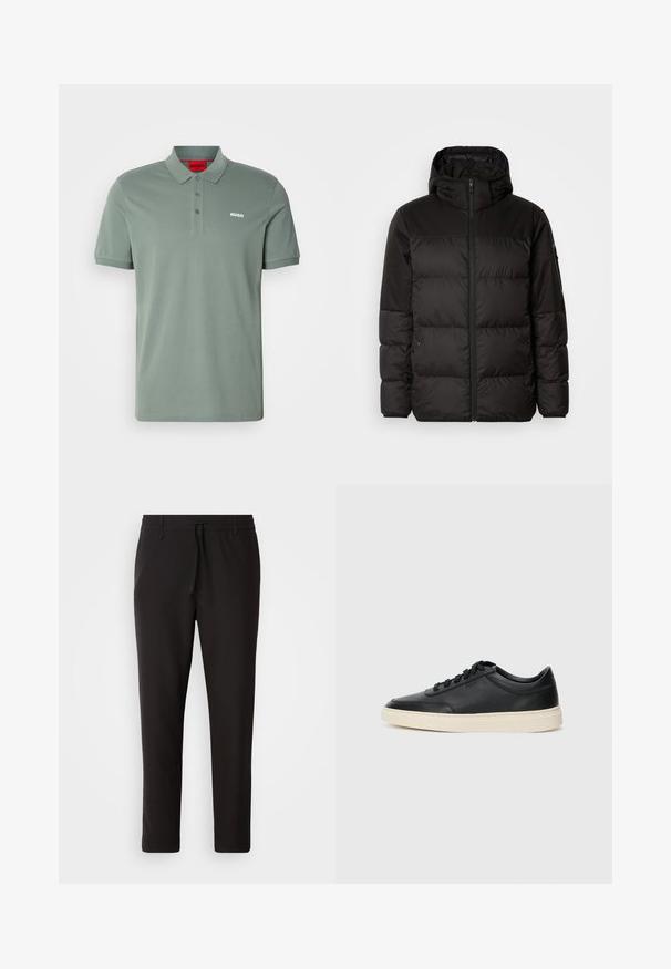 Čierna prešívaná bunda má zips, kapucňu, prešívané sekcie a elastické manžety, vyrobená z hladkého, vodeodolného materiálu.; Zelená polo košeľa vyrobená z bavlny, s tri-buttonovou légou, logom na hrudi a krátkymi rukávmi. Hladká textura a klasický strih.; Čierne jogger nohavice vyrobené z hladkej tkaniny. Majú elastický pás s šnúrkou, zúžené nohavice a žiadne viditeľné vrecká. Jednoduchý dizajn.; Čierne nízkoprevádzkové kožené tenisky s čiernymi šnúrkami a krémovou podrážkou zobrazené v bočnom profile na bielom pozadí.