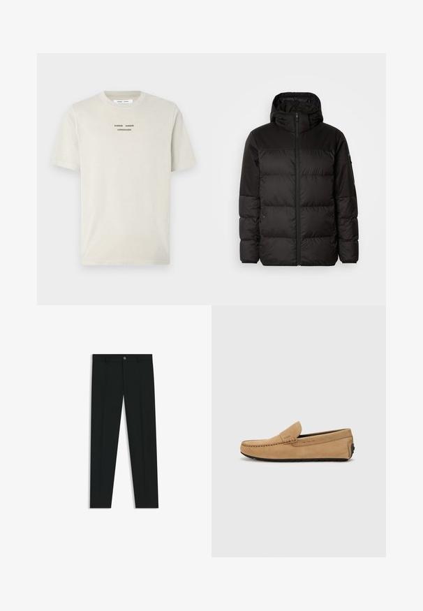Svart puffjacka med blixtlås, huva, quiltade sektioner och elastiska mudd, tillverkad av ett slätt, vattentåligt material.; Ljust beige bomullströja med korta ärmar, rund halsringning och svart tryckt text "SAMSE SAMSØ COPENHAGEN" centrerad på bröstet.; Svarta dressbyxor med rak bendesign, gjorda av ett mjukt tyg. Har stängning med frontknapp och bälteshällor. Enfärgade utan mönster.; Beige mockasiner i mocka med sydd tå, slip-on design och svart gummisula. Har subtil varumärkning på sidan.