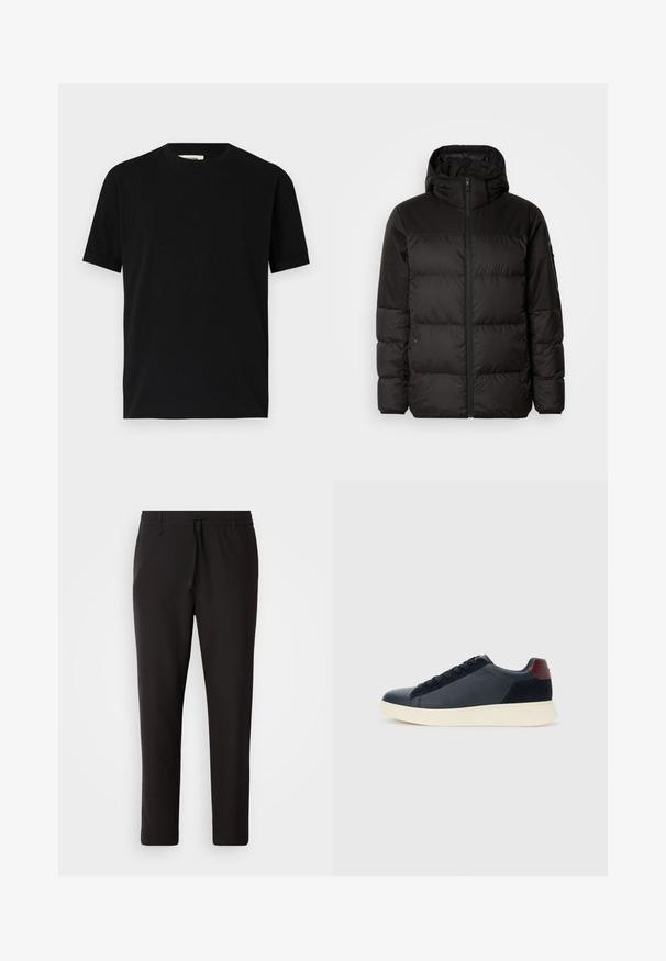 Μαύρο μπουφάν με φερμουάρ, κουκούλα, παραγεμισμένα τμήματα και ελαστικές μανσέτες, κατασκευασμένο από λείο, αδιάβροχο υλικό.; Μαύρη κοντομάνικη μπλούζα φτιαγμένη από βαμβάκι με στρογγυλή λαιμόκοψη και άνετη εφαρμογή. Λείο υλικό, χωρίς σχέδια ή εμφανή λογότυπα.; Μαύρο παντελόνι τζόγκινγκ φτιαγμένο από λείο ύφασμα. Διαθέτει ελαστική μέση με κορδόνι, κωνικά πόδια και χωρίς ορατές τσέπες. Απλός σχεδιασμός.; Ανδρικά παπούτσια sneaker χαμηλού ύψους σε μαύρο δέρμα και σουέτ, με ταμπέλα στη φτέρνα σε μπορντό χρώμα και λευκή καουτσούκ σόλα, προβαλλόμενα από την εξωτερική πλευρά.