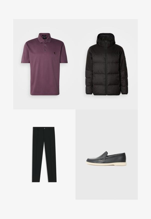 Svart puffjacka med blixtlås, huva, quiltade sektioner och elastiska mudd, tillverkad av ett slätt, vattentåligt material.; Lila polo tröja med en vikbar krage, tre svarta knappar och en cirkulär logodetalj på vänster bröst. Korta ärmar och mjukt tyg.; Svarta dressbyxor med rak bendesign, gjorda av ett mjukt tyg. Har stängning med frontknapp och bälteshällor. Enfärgade utan mönster.; Svarta läder slip-on loafers med en texturerad yta och en kontrasterande beige gummisula. Har en subtil accent längs fram.