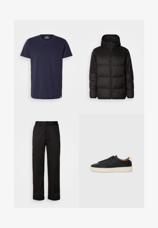 Czarna kurtka puchowa z zapięciem na zamek, kapturem, pikowanymi sekcjami i elastycznymi mankietami, wykonana z gładkiego, wodoodpornego materiału.; Granatowa bawełniana koszulka z krótkim rękawem i okrągłym dekoltem. Posiada mały emblemat na dole oraz gładką teksturę.; Czarne spodnie wykonane z gładkiego materiału, z zamkiem błyskawicznym, zapięciem na guzik oraz podwiniętymi mankietami, co nadaje im casualowy charakter.; Czarne skórzane trampki o gładkiej fakturze, jasnobrązowa gumowa podeszwa, sznurowana konstrukcja i kontrastujący akcent na pięcie.