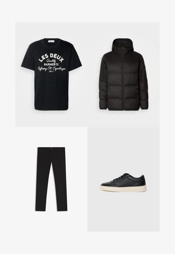 Svart puffjacka med blixtlås, huva, quiltade sektioner och elastiska mudd, tillverkad av ett slätt, vattentåligt material.; Les Deux BARRY - T-shirt med print - black; Svarta byxor gjorda av tyg med en slät textur. Har en knäppning med knapp, bälteshällor och sidofickor. Standard rakt ben-design.; Svart låg skor i läder med svarta snören och off-white sula, visas i sidoprofil på vit bakgrund.