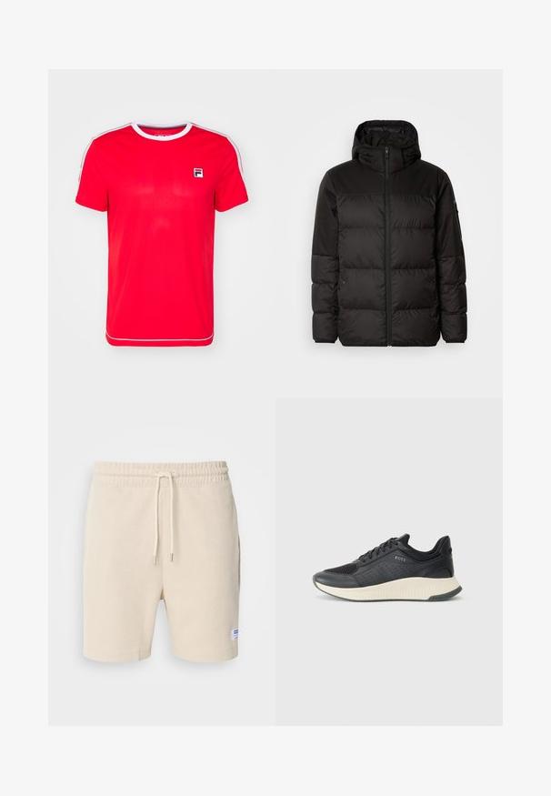 A fekete steppelt dzseki cipzáros záródással, kapucnival, steppelt részekkel és rugalmas mandzsettákkal rendelkezik, sima, vízálló anyagból készült.; Piros sportpóló sima anyagból, bordázott kerek nyakkal, fehér díszítéssel az ujjakon, és egy kis logóval a bal mellen.; Tej struktúrával rendelkező, krémszínű rövidnadrág. Jellemzője a rugalmas derékpánt zsinórral és oldal zsebekkel. Kis címke a szegélyen.; Fekete sportcipő, amely hálós felső résszel és perforációkkal rendelkezik, krém színű, texturált középtalppal és gumitalppal a tapadás érdekében.