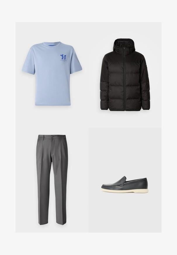 Black puffer jacket features a zip closure, a hood, quilted sections, and elastic cuffs, made from a smooth, water-resistant material.; Light blue cotton t-shirt with short sleeves, round neckline, and blue printed graphic on the chest featuring text and design elements.; DRYKORN LEEK - Trousers - grey; Black leather slip-on loafers with a textured finish and a contrasting beige rubber sole. Features a subtle accent along the front.
