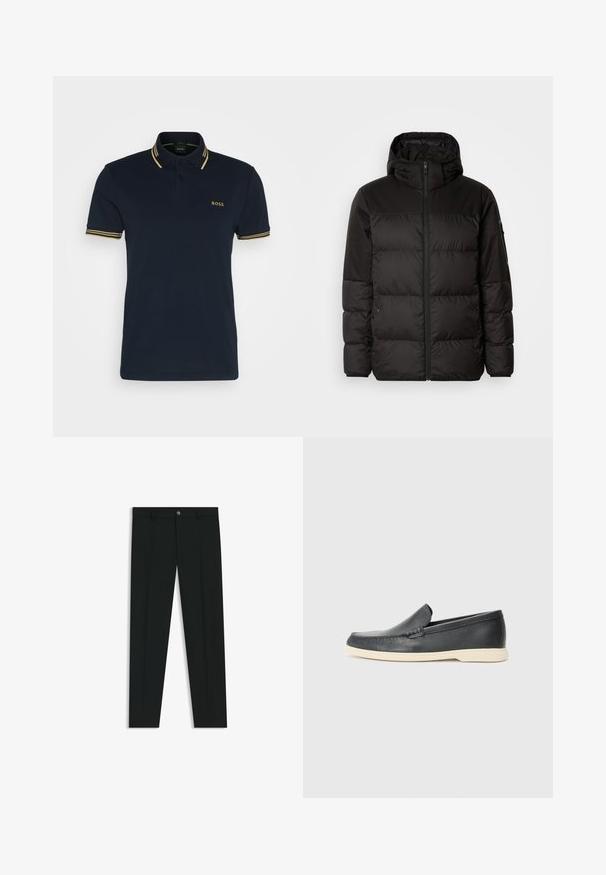 Musta puhvijakku sisältää vetoketjun, hupun, tilkuista koostuvia osioita ja joustavat hihansuut. Se on valmistettu sileästä, vedenpitävästä materiaalista.; T-paita tummansinisestä puuvillasekoitteesta, jossa on kaksinappinen kaulus, kultaiset korostusraidat hihoissa ja "BOSS"-logo kirjailtuna rintaan.; Musta housut, joissa on suora lahje, valmistettu sileästä kankaasta. Edessä nappisulku ja vyölenkit. Yksinkertainen ilman kuvioita.; Mustat nahkakengät ilman nauhoja, joissa on teksturoitu pinta ja kontrastoiva beige kumipohja. Kengissä on hillitty yksityiskohta etuosassa.