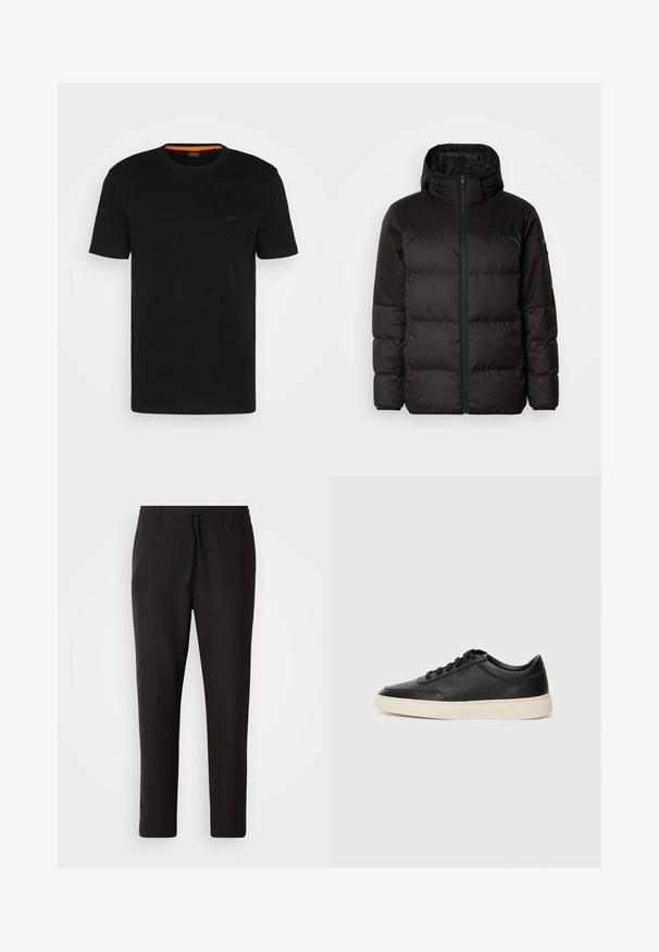 Geacă puffer neagră cu închidere cu fermoar, glugă, secțiuni quilted și manșete elastice, realizată dintr-un material neted, rezistent la apă.; Tricou negru cu mânecă scurtă, dintr-un material moale, cu decolteu rotund și un logo discret în față. Gulerul din interior are un accent portocaliu.; Pantaloni de jogging negri, confecționați dintr-un material neted. Prezintă un talie elastică cu șnur, picioare conice și fără buzunare vizibile. Design simplu.; Sneaker din piele neagră, cu vârf jos, cu șireturi negre și talpă de un alb murdar, prezentat în profil lateral, pe un fundal alb.