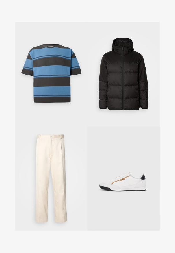 Juodas pūkinis švarkas turi užtrauktuką, gobtuvą, siūlinčius skyrius ir elastinius rankogalius, pagamintas iš lygaus, vandeniui atsparaus medžiagos.; Trumpai rankovėmis marškinėliai iš medvilnės, įstrižainėmis horizontalios dryžiais mėlynų ir tamsiai pilkų atspalvių. Turi apvalų kaklą ir laisvą siluetą.; Bežinės medvilninės kelnės su tiesiu kirpimu, turinčios mygtuko uždarymą ir priekyje raukšles papildomai dekoratyviam akcentui.; Balti sportiniai bateliai su tinklinėmis ir odinėmis detalėmis. Yra auksinė "BOSS" logotipas, tekstūruoti šonai ir juodas kulno dangtelis. Guminis padas.