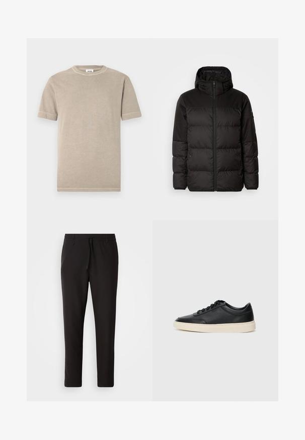 Il giubbotto puffo nero presenta una chiusura con zip, un cappuccio, sezioni trapuntate e polsini elastici, realizzato in un materiale liscio e resistente all'acqua.; T-shirt beige in cotone con maniche corte e scollatura rotonda. Presenta cuciture visibili lungo le maniche e l'orlo. Texture semplice e liscia.; Pantaloni jogger neri realizzati in tessuto liscio. Presentano una vita elasticizzata con stringa, gambe affusolate e senza tasche visibili. Design semplice.; Sneaker in pelle nera a basso profilo con lacci neri e suola avorio, mostrato di profilo su sfondo bianco.