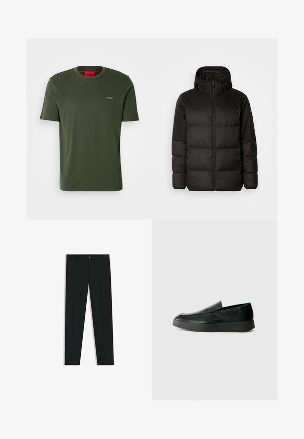 Black puffer jacket features a zip closure, a hood, quilted sections, and elastic cuffs, made from a smooth, water-resistant material.; Dark green cotton T-shirt with a round neck. Features a small gold "HUGO" logo on the left chest area. Short sleeves and a simple design.; Black dress pants with a straight-leg design, made of smooth fabric. Features a front button closure and belt loops. Plain without patterns.; Calvin Klein HYBRID CUP - Slip-ons - triple black