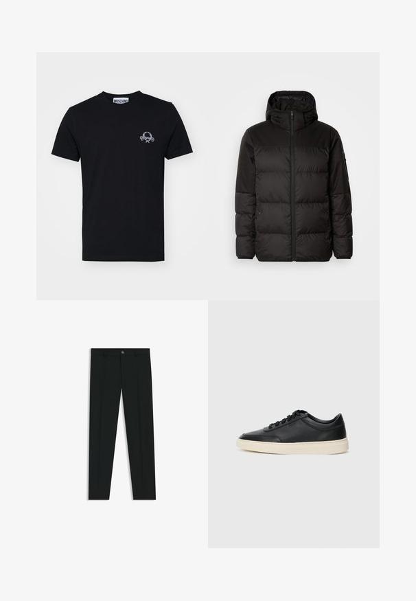 Musta puhvijakku sisältää vetoketjun, hupun, tilkuista koostuvia osioita ja joustavat hihansuut. Se on valmistettu sileästä, vedenpitävästä materiaalista.; Musta puuvillapaita, jossa on pieni valkoinen graafinen kuvio rinnan kohdalla. Klassinen crew neck -kaulus ja lyhyet hihat, sileä pinta.; Musta housut, joissa on suora lahje, valmistettu sileästä kankaasta. Edessä nappisulku ja vyölenkit. Yksinkertainen ilman kuvioita.; Musta matalavartinen nahkastretchu, jossa on mustat nauhat ja vaaleanharmaa pohja, esitetty sivuprofiilissa valkoista taustaa vasten.