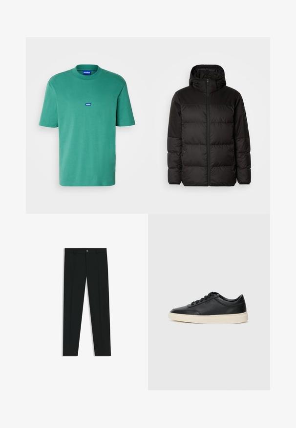 Musta puhvijakku sisältää vetoketjun, hupun, tilkuista koostuvia osioita ja joustavat hihansuut. Se on valmistettu sileästä, vedenpitävästä materiaalista.; HUGO NIEROS - T-paita - open green; Musta housut, joissa on suora lahje, valmistettu sileästä kankaasta. Edessä nappisulku ja vyölenkit. Yksinkertainen ilman kuvioita.; Musta matalavartinen nahkastretchu, jossa on mustat nauhat ja vaaleanharmaa pohja, esitetty sivuprofiilissa valkoista taustaa vasten.