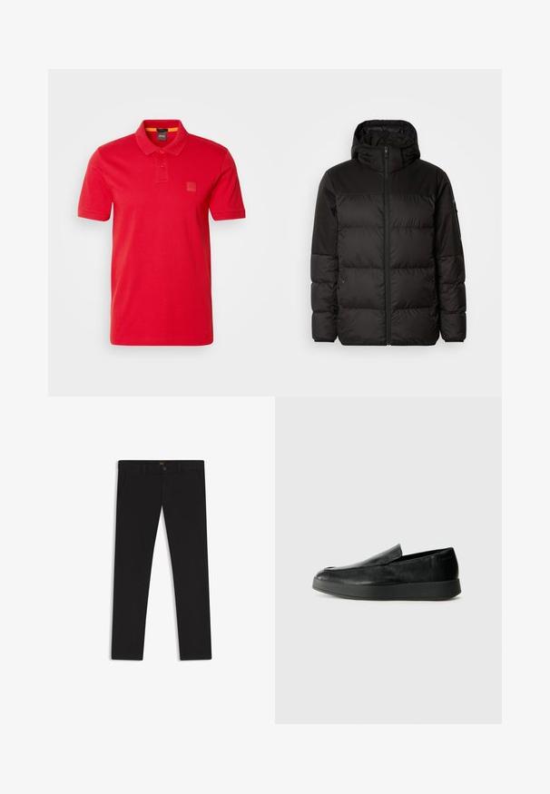 Svart puffjacka med blixtlås, huva, quiltade sektioner och elastiska mudd, tillverkad av ett slätt, vattentåligt material.; BOSS PASSENGER - Piké - medium red; Svarta byxor gjorda av tyg med en slät textur. Har en knäppning med knapp, bälteshällor och sidofickor. Standard rakt ben-design.; Calvin Klein HYBRID CUP - Slip-ins - triple black