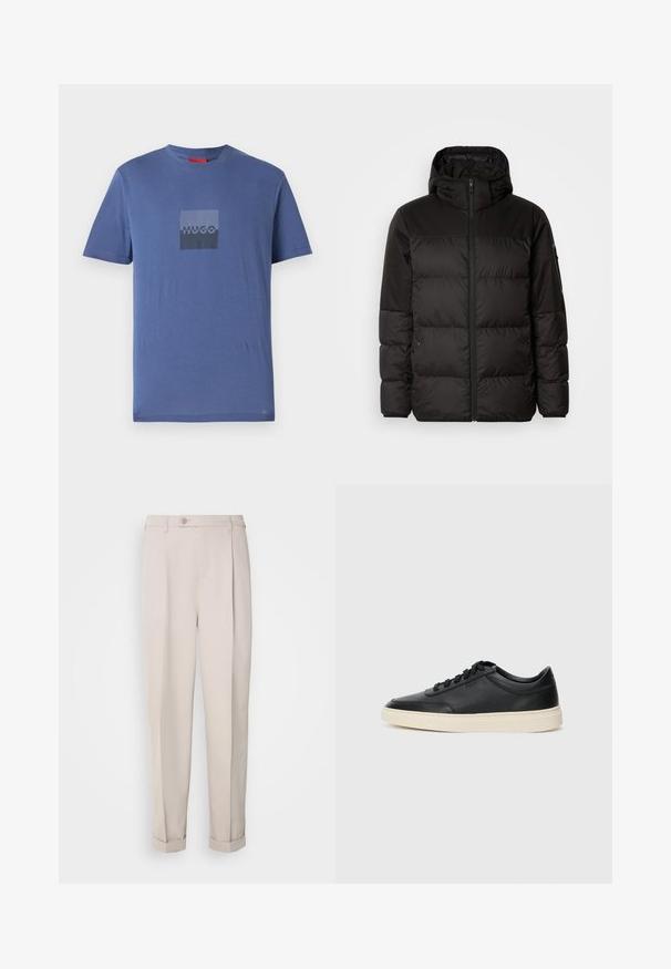 A jaqueta puffer preta apresenta um fecho zip, um capuz, secções acolchoadas e punhos elásticos, confeccionada em um material liso e resistente à água.; T-shirt azul feito de algodão macio, apresentando um logotipo quadrado em cinza escuro com o texto "HUGO" no centro, mangas curtas e decote redondo.; Calças bege feitas de tecido suave, com um corte reto, pregas simples e bainhas dobradas. Inclui um fecho de botão na frente.; Sapatilha preta de cano baixo em pele com atacadores pretos e sola off-white, apresentada em perfil lateral sobre fundo branco.