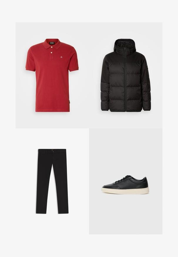 Sort pufferjakke med lynlås, hætte, quiltede sektioner og elastiske manchetter, lavet af et glat, vandafvisende materiale.; Rød bomulds polo skjorte med klassisk krave, to-knaps lukning, korte ærmer og et lille broderet logo på venstre side.; Sorte bukser lavet af stof med en glat tekstur. Har en knaplukning, bæltestropper og sidelommer. Standard design med lige ben.; Sort lavt top lædersneaker med sorte snørebånd og off-white sål vist i sideprofil på hvid baggrund.