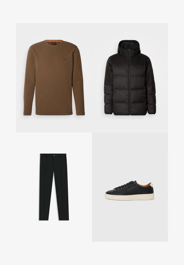 Schwarze Pufferjacke mit Reißverschluss, Kapuze, gesteppten Abschnitten und elastischen Bündchen, hergestellt aus einem glatten, wasserabweisenden Material.; BOSS TEMPESTO - Langarmshirt - open brown; Schwarze Anzughosen mit geradem Bein, aus glattem Stoff. Mit Knopfverschluss vorne und Gürtelschlaufen. Schlicht ohne Muster.; Schwarze Ledersneaker mit glatter Textur, beiger Gummisohle, Schnürdesign und einem kontrastierenden Fersenakzent.
