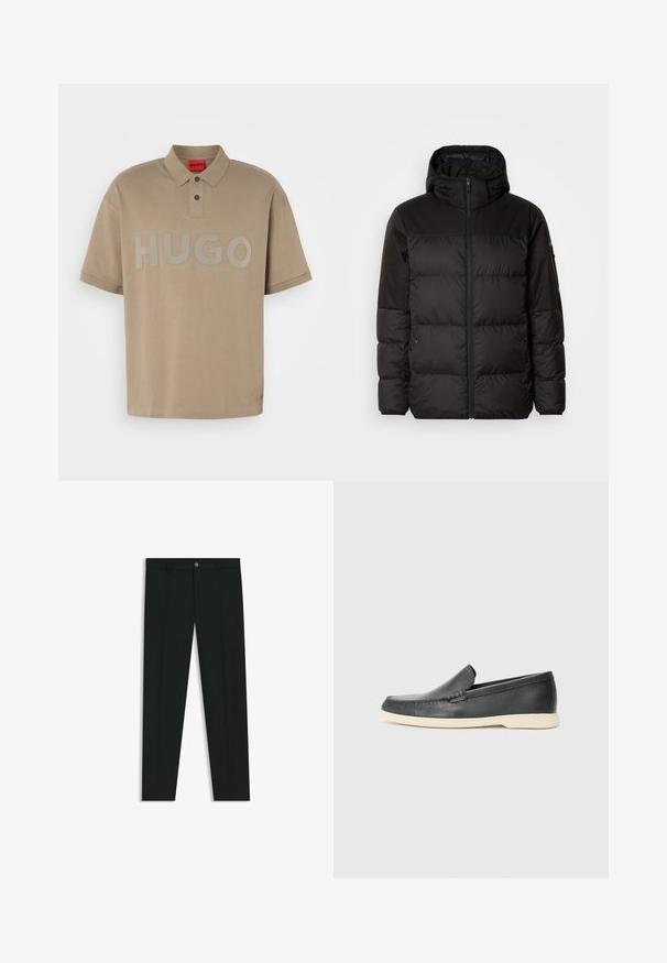 Sort pufferjakke med lynlås, hætte, quiltede sektioner og elastiske manchetter, lavet af et glat, vandafvisende materiale.; Beige polo t-shirt med krave, korte ærmer og et stort grå "HUGO" logo på fronten. Har en to-knap knaplukning.; Sorte dressbukser med lige ben-design, lavet af glat stof. Har en frontlukning med knap og bæltestropper. Enkle uden mønstre.; Sorte læder slip-on loafers med en struktureret overflade og en kontrasterende beige gummisål. Har en subtil detalje langs forsiden.
