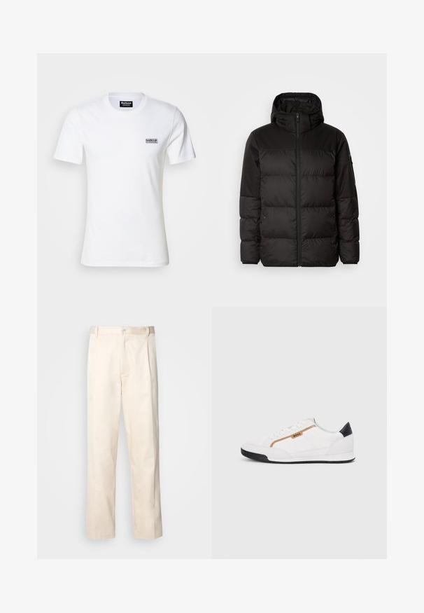 A jaqueta puffer preta apresenta um fecho zip, um capuz, secções acolchoadas e punhos elásticos, confeccionada em um material liso e resistente à água.; T-shirt branco de algodão com mangas curtas e decote redondo. Apresenta um pequeno logótipo preto "Barbour International" no lado esquerdo do peito.; Calças de algodão bege com corte reto, apresentando um fecho de botão e pregas na frente para um detalhe adicional.; Tênis atléticos brancos com detalhes em malha e couro. Apresenta um logotipo dourado "BOSS", painéis laterais texturizados e um capô de calcanhar preto. Sola em borracha.