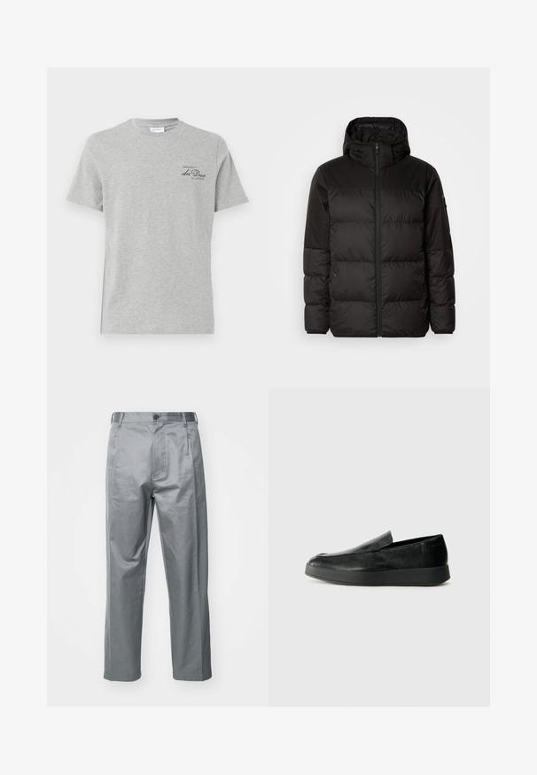 Geacă puffer neagră cu închidere cu fermoar, glugă, secțiuni quilted și manșete elastice, realizată dintr-un material neted, rezistent la apă.; Tricou din bumbac gri, cu gât rotund, mâneci scurte și un mic logo negru imprimat pe partea stângă a frontului. Textură moale și croială regulată.; Pantaloni gri dintr-un amestec de bumbac, cu un design cu picior drept, având sistem de închidere cu buton frontal, curea și buzunare laterale.; Calvin Klein HYBRID CUP - Pantofi slip-on - triple black