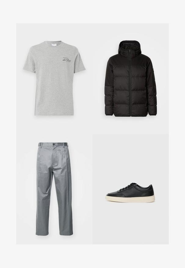 Mustikas puffer-jakk sisaldab tõmblukku, kapuutsi, tikandiga osi ja elastseid mansette, valmistatud siledast veekindlast materjalist.; Hall sünnipäeva t-särk, millel on ümar kaelus, lühikesed varrukad ja vasakul ees väike must trükitud logo. Pehme tekstuur ja regulaarne lõige.; Hallitse hägatud puuvillasegused püksid, millel on sirge lõikega disain, ees nupuga kinnitus, vööde augud ja küljetaskud.; Mustad musta nahast madal sneaker mustade nööpidega ja kreemivalge tallaga, nähtud külgprofiilis valge tausta ees.