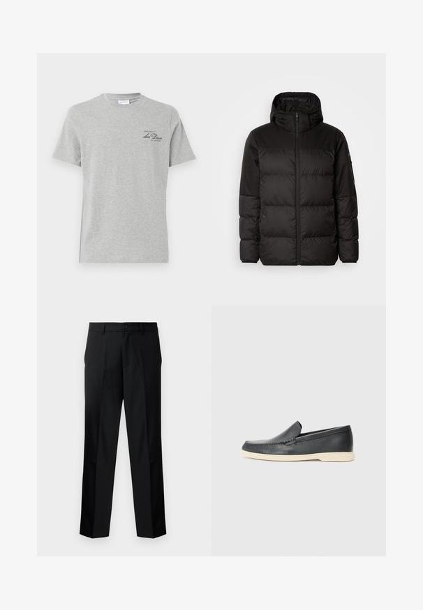 La chaqueta acolchada negra tiene un cierre de cremallera, capucha, secciones acolchadas y puños elásticos, hecha de un material suave y resistente al agua.; Camiseta de algodón gris con cuello redondo, mangas cortas y un pequeño logo negro impreso en la parte delantera izquierda. Textura suave y ajuste regular.; Pantalones negros de corte recto y ajustados, con cierre de botón, cremallera y trabillas para cinturón. Tejido suave con bolsillos laterales.; Mocasines de piel negra sin cordones con un acabado texturizado y una suela de goma beige en contraste. Presentan un sutil acento en la parte frontal.