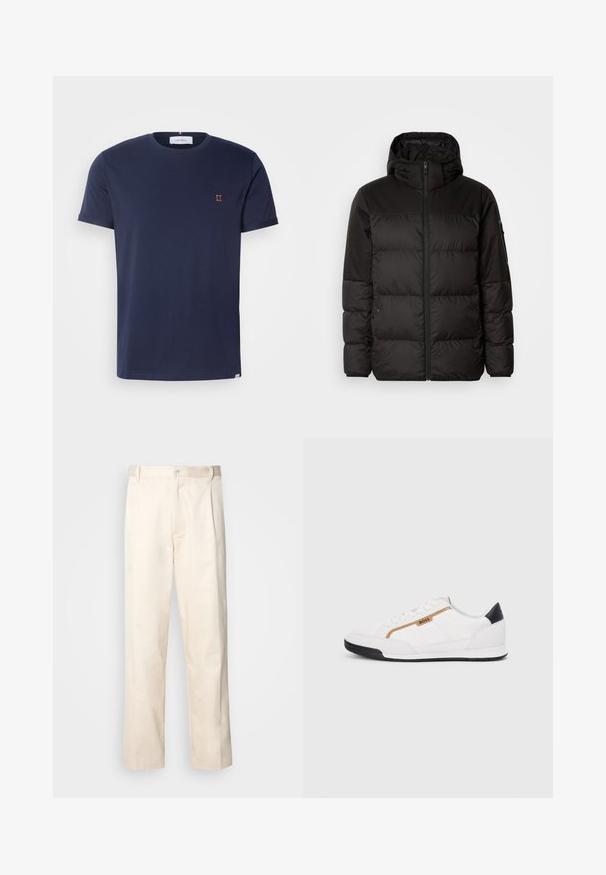 A jaqueta puffer preta apresenta um fecho zip, um capuz, secções acolchoadas e punhos elásticos, confeccionada em um material liso e resistente à água.; T-shirt de manga curta azul-marinho feito de algodão suave, com um decote redondo e um pequeno bordado laranja "II" no peito.; Calças de algodão bege com corte reto, apresentando um fecho de botão e pregas na frente para um detalhe adicional.; Tênis atléticos brancos com detalhes em malha e couro. Apresenta um logotipo dourado "BOSS", painéis laterais texturizados e um capô de calcanhar preto. Sola em borracha.