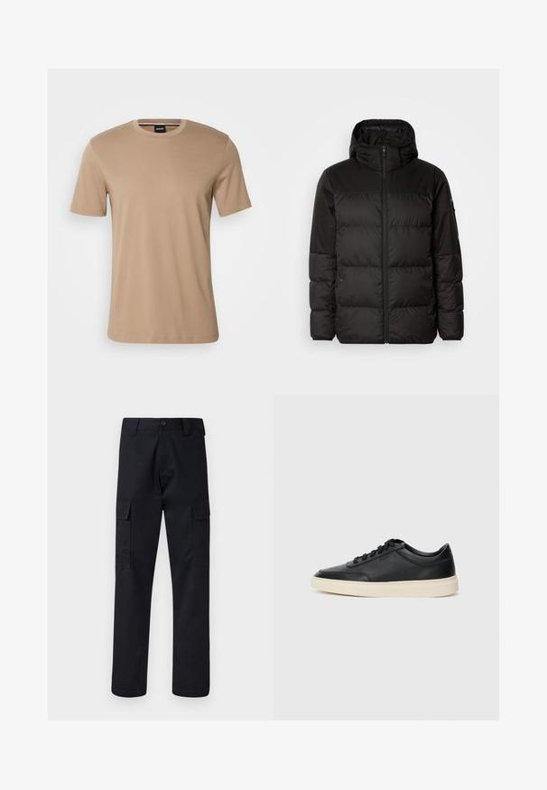 Čierna prešívaná bunda má zips, kapucňu, prešívané sekcie a elastické manžety, vyrobená z hladkého, vodeodolného materiálu.; Béžové tričko s krátkym rukávom vyrobené z hladkej bavlny, s okrúhlym výstrihom a jemným logom značky na hrudi. Jednoduchý a minimalistický dizajn.; Čierne cargo nohavice vyrobené z odolnej tkaniny, s rovnými nohavicami, dvoma bočnými vreckami a zapínaním na gombík v páse.; Čierne nízkoprevádzkové kožené tenisky s čiernymi šnúrkami a krémovou podrážkou zobrazené v bočnom profile na bielom pozadí.
