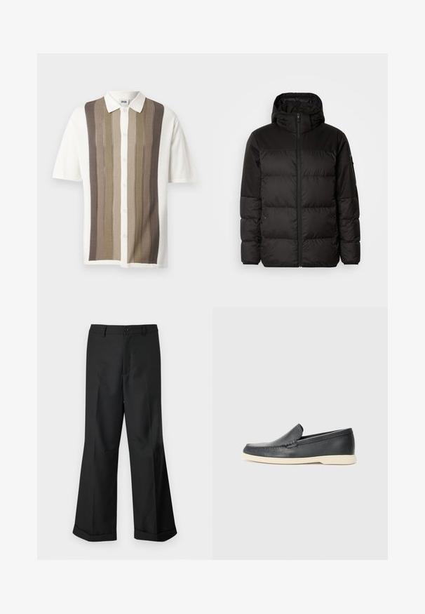 Black puffer jacket features a zip closure, a hood, quilted sections, and elastic cuffs, made from a smooth, water-resistant material.; Short-sleeve collared shirt with vertical stripes in beige, brown, and cream; button closure; knit fabric with textured pattern.; Black wide-leg trousers with buttoned waistband and cuffed hems, displayed against a plain white background.; Black leather slip-on loafers with a textured finish and a contrasting beige rubber sole. Features a subtle accent along the front.