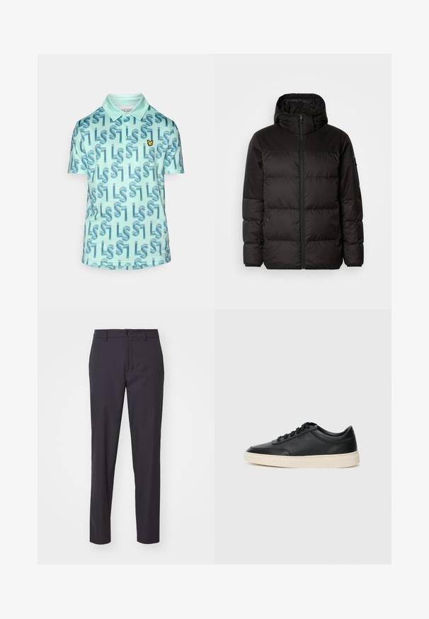 Sort pufferjakke med lynlås, hætte, quiltede sektioner og elastiske manchetter, lavet af et glat, vandafvisende materiale.; Polo-shirt i lys blå med et gentagende mønster af mørkeblå bogstaver. Har krave, korte ærmer og et lille gult logo på brystet.; Skræddersyede, mørkegrå bukser i glat stof med frontlukning med knap, bæltestropper og et enkelt, udekoreret design.; Sort lavt top lædersneaker med sorte snørebånd og off-white sål vist i sideprofil på hvid baggrund.