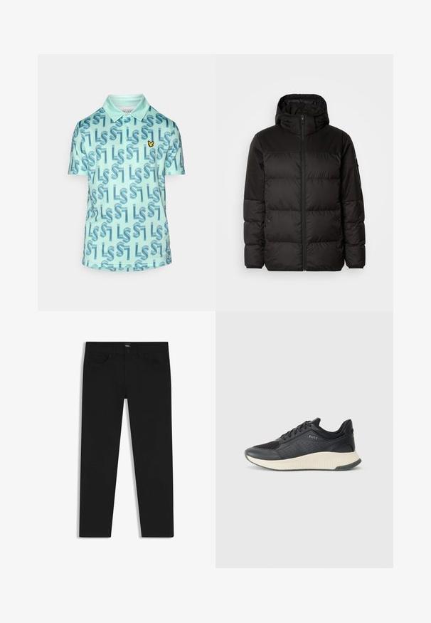 Sort pufferjakke med lynlås, hætte, quiltede sektioner og elastiske manchetter, lavet af et glat, vandafvisende materiale.; Polo-shirt i lys blå med et gentagende mønster af mørkeblå bogstaver. Har krave, korte ærmer og et lille gult logo på brystet.; Sorte denimbukser med lige pasform, der har en standard talje, fem lommer og en knaplukning. Glat struktur over det hele.; Sort atletisk sneakers med en mesh-overdel med perforeringer, en tekstureret mellemsål i cremefarve og en gummisål for godt greb.