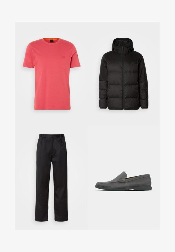 Černá péřová bunda má zipový uzávěr, kapuci, prošívané části a elastické manžety, vyrobená z hladkého, voděodolného materiálu.; Korálové bavlněné tričko s kulatým výstřihem, krátkými rukávy a malým vyraženým logem na levé hrudi. Hladký povrch a uvolněný střih.; Černé kalhoty vyrobené z hladké tkaniny, se zapínáním na přední knoflík, sklady a rovnými nohavicemi. Bez viditelných vzorů nebo doplňků.; Šedé semišové loafers s kulatou špičkou, prošívanými detaily a nízkou gumovou podrážkou. Jsou charakteristické designem na sklouznutí bez viditelného kovového vybavení.