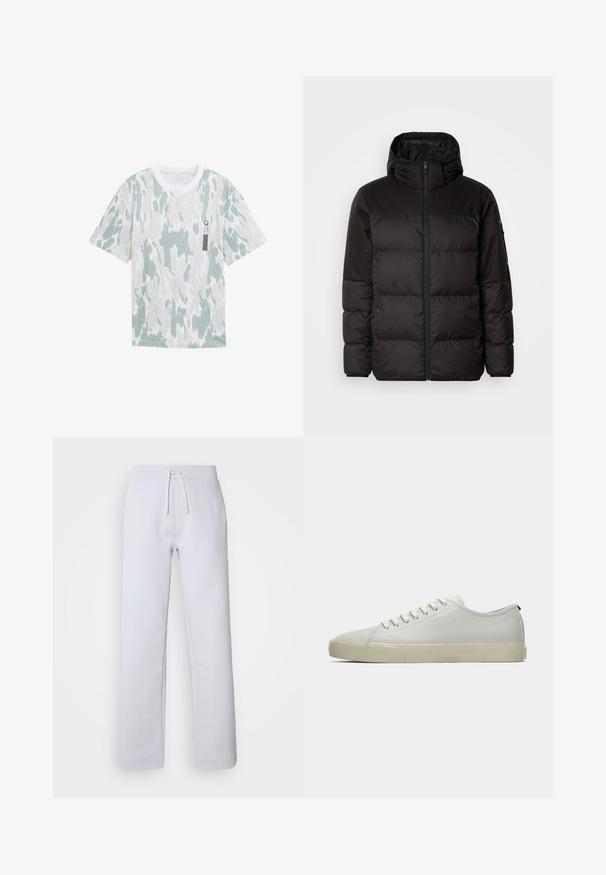 Czarna kurtka puchowa z zapięciem na zamek, kapturem, pikowanymi sekcjami i elastycznymi mankietami, wykonana z gładkiego, wodoodpornego materiału.; Jasnozielona koszulka z krótkim rękawem w białe wzory, okrągły dekolt i mała czarna metka z przodu. Miękka struktura materiału.; Jasnoszare spodnie prostego kroju, wykonane z miękkiego materiału, z elastycznym pasem i sznurkiem. Posiadają boczne kieszenie i subtelny wzór w paski.; Jasnoszare sneakersy z płóciennym wierzchem, okrągłym noskiem, gumową podeszwą i płaskimi sznurowadłami. Minimalistyczny design z dyskretnym logo po bokach.