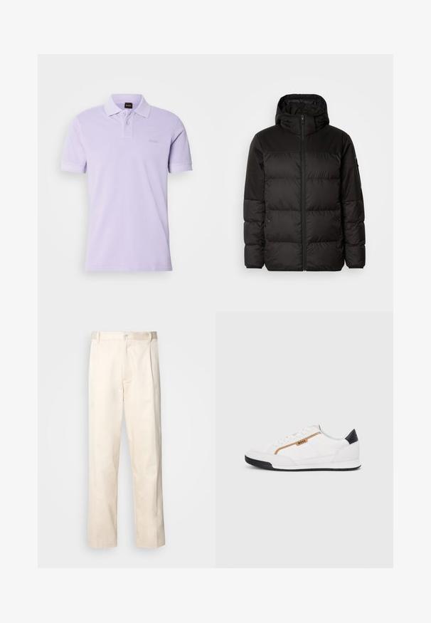Černá péřová bunda má zipový uzávěr, kapuci, prošívané části a elastické manžety, vyrobená z hladkého, voděodolného materiálu.; Polo tričko v jemné levandulové barvě, krátké rukávy, vyrobené z bavlny, s tříknoflíkovou légou, decentní logo na hrudi, hladká textura.; Bežové bavlněné kalhoty se střihy rovného nohavice, s knoflíkovým zapínáním a záhyby vpředu pro zvýraznění detailu.; Bílé sportovní boty s akcenty z meshe a kůže. Mají zlaté logo "BOSS", texturované boční panely a černý podpatek. Gumová podrážka.