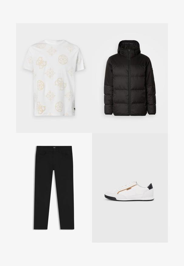 Black puffer jacket features a zip closure, a hood, quilted sections, and elastic cuffs, made from a smooth, water-resistant material.; White cotton t-shirt featuring a light beige abstract pattern with various geometric shapes and logos. Crew neck and short sleeves.; Black denim trousers with a straight cut, featuring a standard waistband, five pockets, and a button closure. Smooth texture throughout.; White athletic shoes with mesh and leather accents. Features a gold "BOSS" logo, textured side panels, and a black heel cap. Rubber sole.