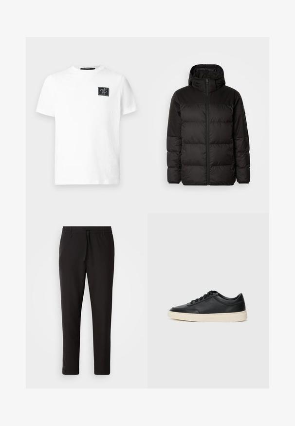 Black puffer jacket features a zip closure, a hood, quilted sections, and elastic cuffs, made from a smooth, water-resistant material.; White short-sleeve crew neck t-shirt with a small black rectangular patch on the left chest featuring white cursive text.; Black jogger pants made of smooth fabric. Feature an elastic waistband with a drawstring, tapered legs, and no visible pockets. Simple design.; Black low-top leather sneaker with black laces and off-white sole shown in side profile on white background.