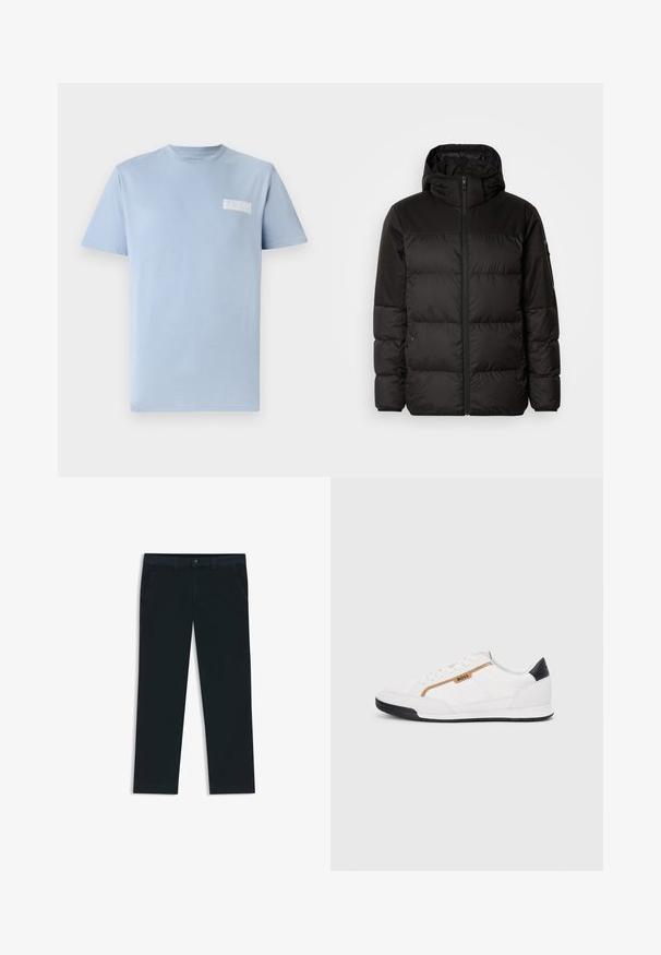 Musta puhvijakku sisältää vetoketjun, hupun, tilkuista koostuvia osioita ja joustavat hihansuut. Se on valmistettu sileästä, vedenpitävästä materiaalista.; Vaaleansininen puuvillapaita, jossa on pyöreä kaula-aukko ja lyhyet hihat; vasemmassa rinnassa on pieni valkoinen "GUESS"-logo. Silkkinen pinta.; Tummansinisiä chinos-housuja, jotka on valmistettu puuvillasekoitteesta. Niissä on vyölenkit, etutaskut sekä vetoketjulla varustettu nappisulku.; Valkoiset urheilukengät, joissa on verkkokudosta ja nahkaosia. Varustettu kultaisella "BOSS"-logolla, tekstuurillisilla sivupaneeleilla ja mustalla kantapäällä. Kumikanta.