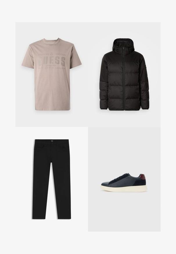 Czarna kurtka puchowa z zapięciem na zamek, kapturem, pikowanymi sekcjami i elastycznymi mankietami, wykonana z gładkiego, wodoodpornego materiału.; Jasnokremowa koszulka z bawełny, z okrągłym dekoltem, krótkimi rękawami oraz nadrukiem z nazwą marki "GUESS" w ciemnoszarym kolorze.; Czarne dżinsy o prostym kroju, z klasycznym paskiem, pięcioma kieszeniami i zapięciem na guzik. Gładka faktura na całej powierzchni.; Niskie męskie sneakersy z czarnej skóry i zamszu, z bordową pętlą na pięcie i białą gumową podeszwą, widziane z zewnętrznej strony.