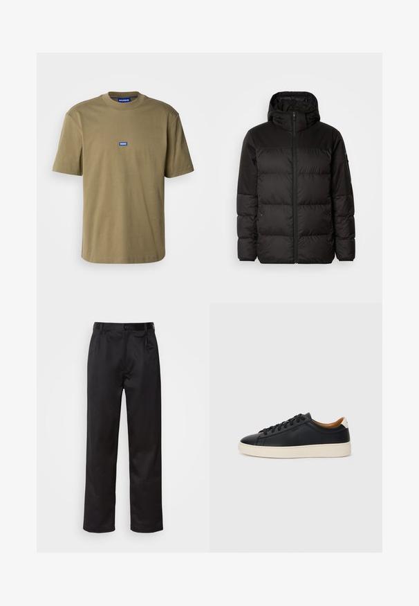 Il giubbotto puffo nero presenta una chiusura con zip, un cappuccio, sezioni trapuntate e polsini elastici, realizzato in un materiale liscio e resistente all'acqua.; T-shirt in cotone verde oliva, collo rotondo, maniche corte, presenta un logo rettangolare blu con la scritta "HUGO" sul davanti, texture liscia.; Pantaloni neri realizzati in tessuto morbido, con chiusura frontale a bottone, pieghe e gambe dritte. Nessun motivo o accento visibile.; Sneakers in pelle nera con una texture liscia, suola in gomma beige, design con lacci e un accento del tacco in contrasto.