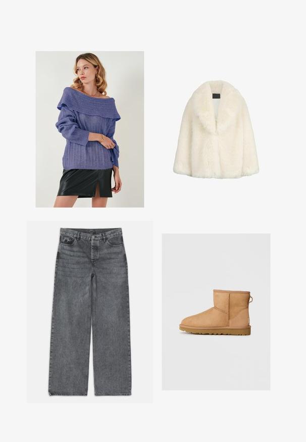 LIU JO Talvitakki - beige; Violetti ribbattu neulepusero, jossa on olkaimeton kaula-aukko ja käänteet, yhdistetty mustaan nahkainen mini-hameeseen, jossa on etuaukko.; Laivahousut tummanharmaasta denimestä. Ominaisuuksina korkea vyötärö, viisi taskua ja etupainon sulku. Sujuva pinta hienovaraisella haalistumisella.; Ruskean mokkasandaalit pyöreällä kärjellä, ommelluilla yksityiskohdilla, takana vetotappi ja teksturoidulla kumipohjalla. Suunniteltu mukavuutta ja lämpöä varten.