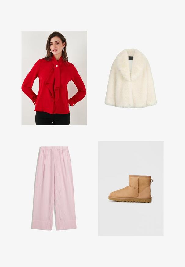 LIU JO Vinterkappa /-rock - beige; Röd blus i slät tyg med en knytbåge vid kragen, långa ärmar med knäppta manschetter och en ensam knappstängning vid nacken.; Rosa randiga vida byxor med elastisk midja, med en texturerad tyg och en något utsvängd fåll.; Tan mockasinfärgad ankelbotten med rund tå, sydda detaljer, dragflik på baksidan och ett strukturerat gummisul. Designad för komfort och värme.